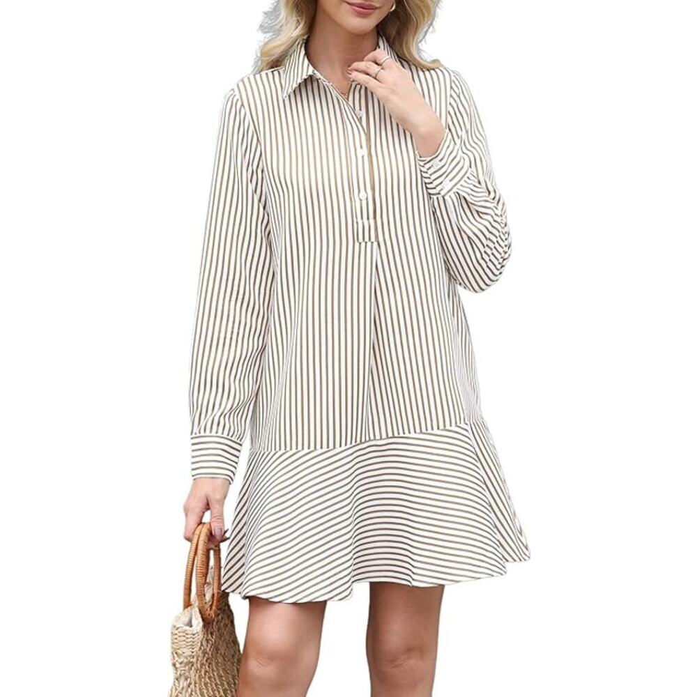 Pomander Place Tuckernuck Collared Mini Dress Women's Medium Beige Ruffle Hem